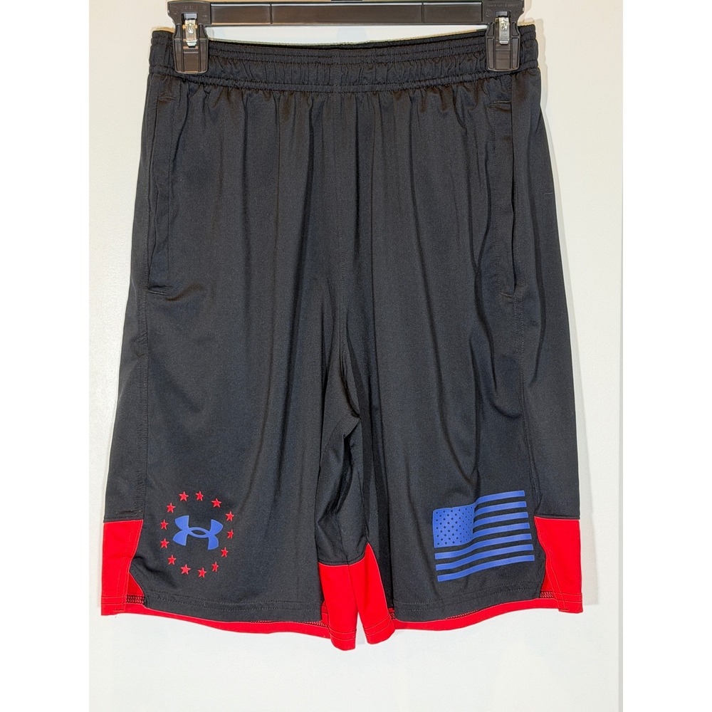 Under Armour Mens HeatGear American Flag Shorts Black Red Small Patriotic Loose